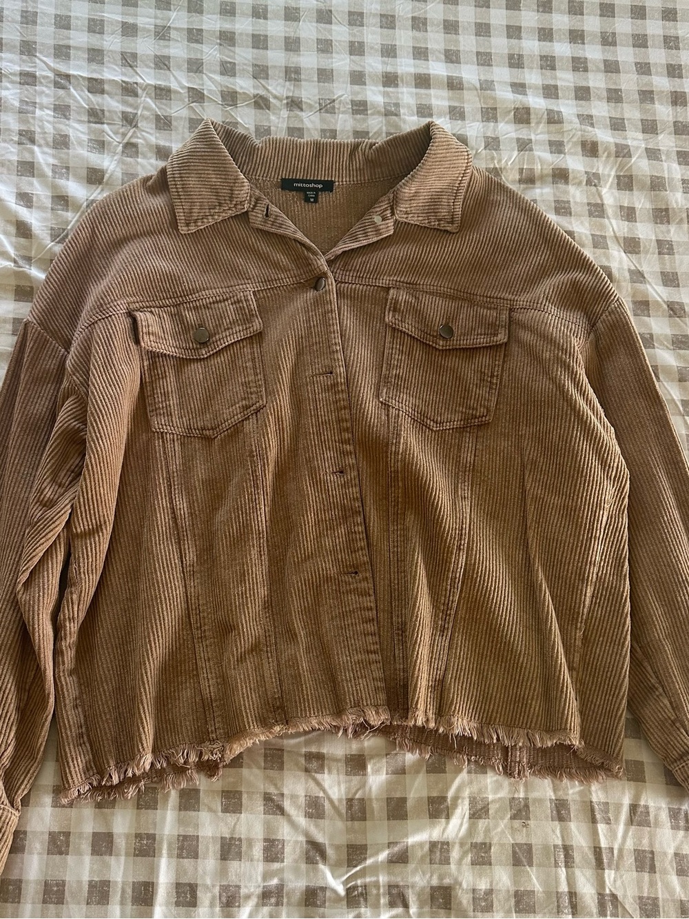 mittoshop Corduroy Cropped Button-Front Jacket in Tan Brown